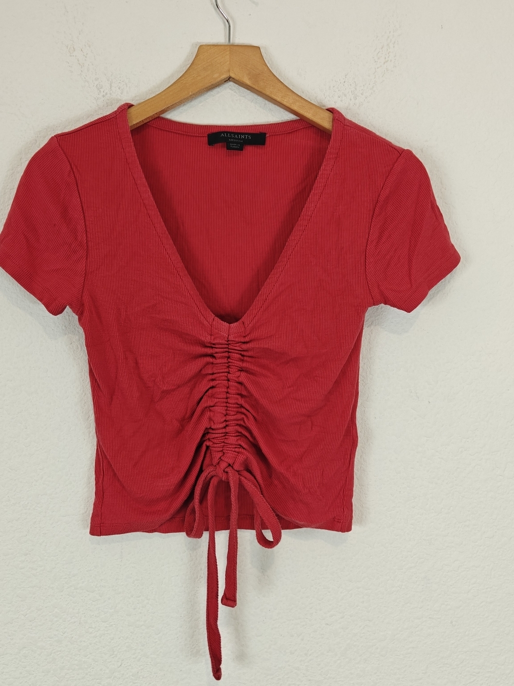 AllSaints Rinna Ruched V-Neck Crop Tee Red Drawstring Top M - Picture 2 of 11